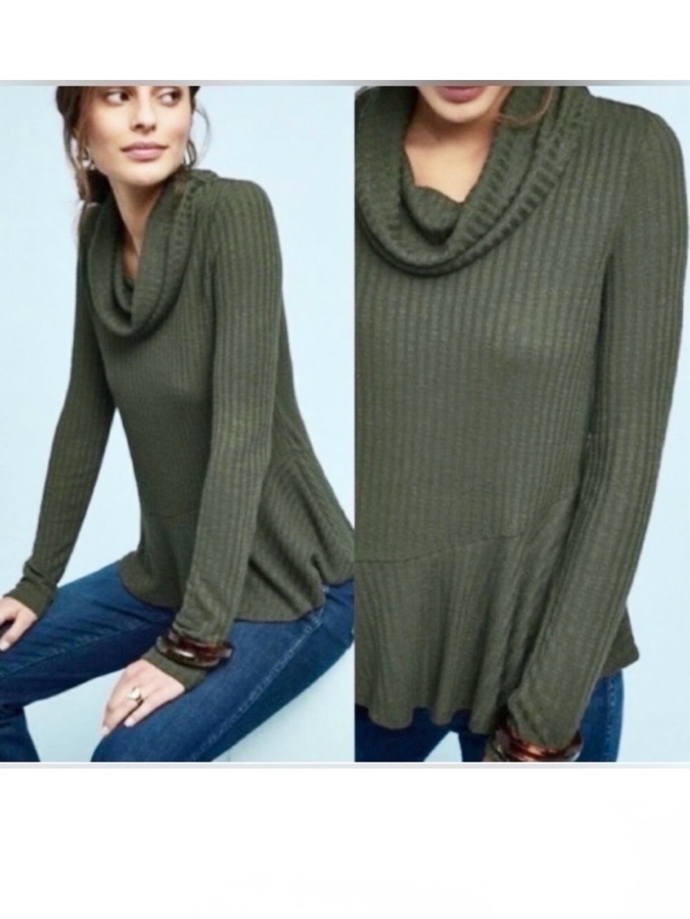 Maeve Anthropology Winterscape Olive Green Asymmetrical Cowl Neck Sweater